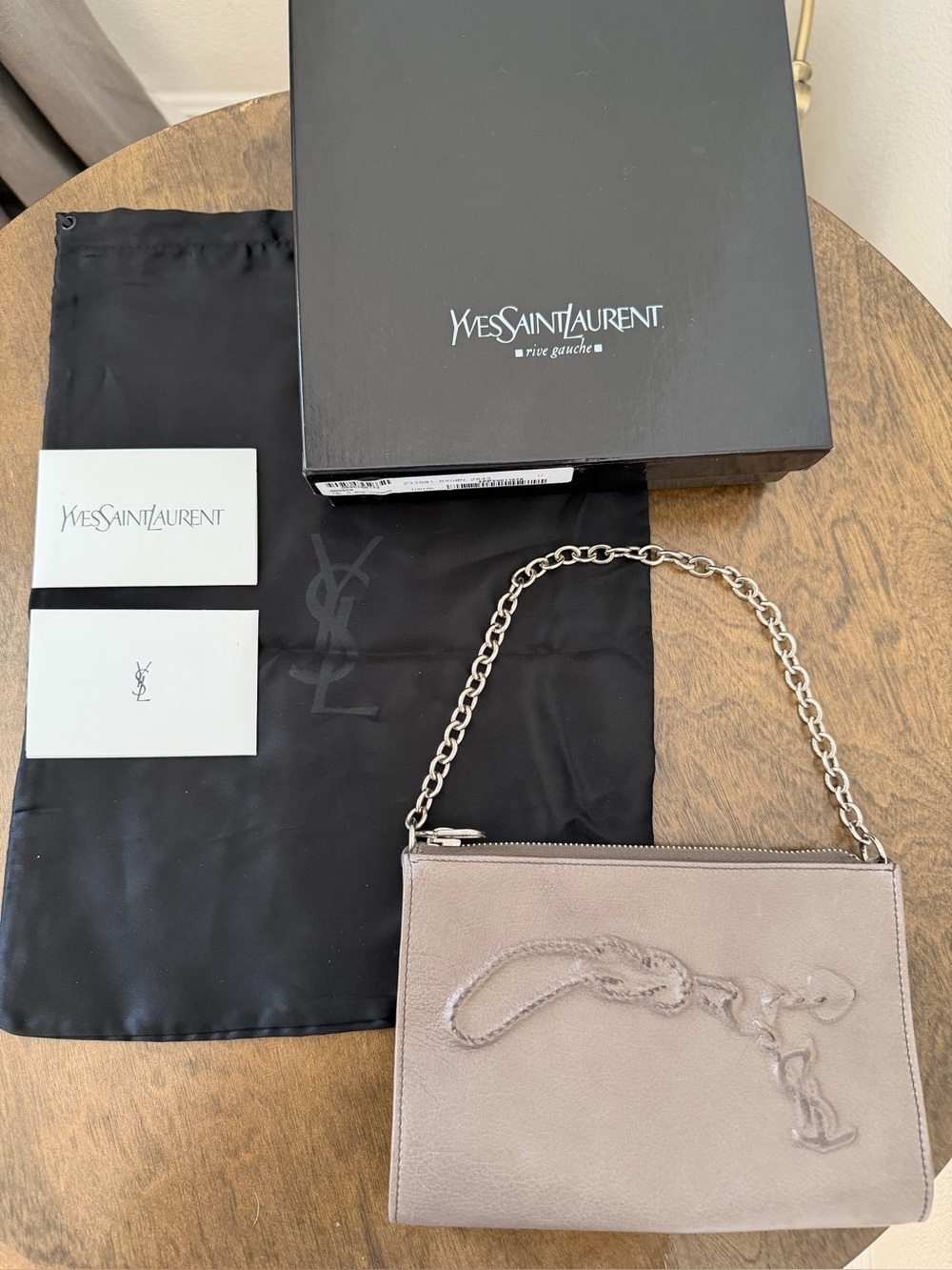 Yves Saint Laurent Rive Gauche Chain Strap Leather Clutch Pouch Taupe Gray Auth